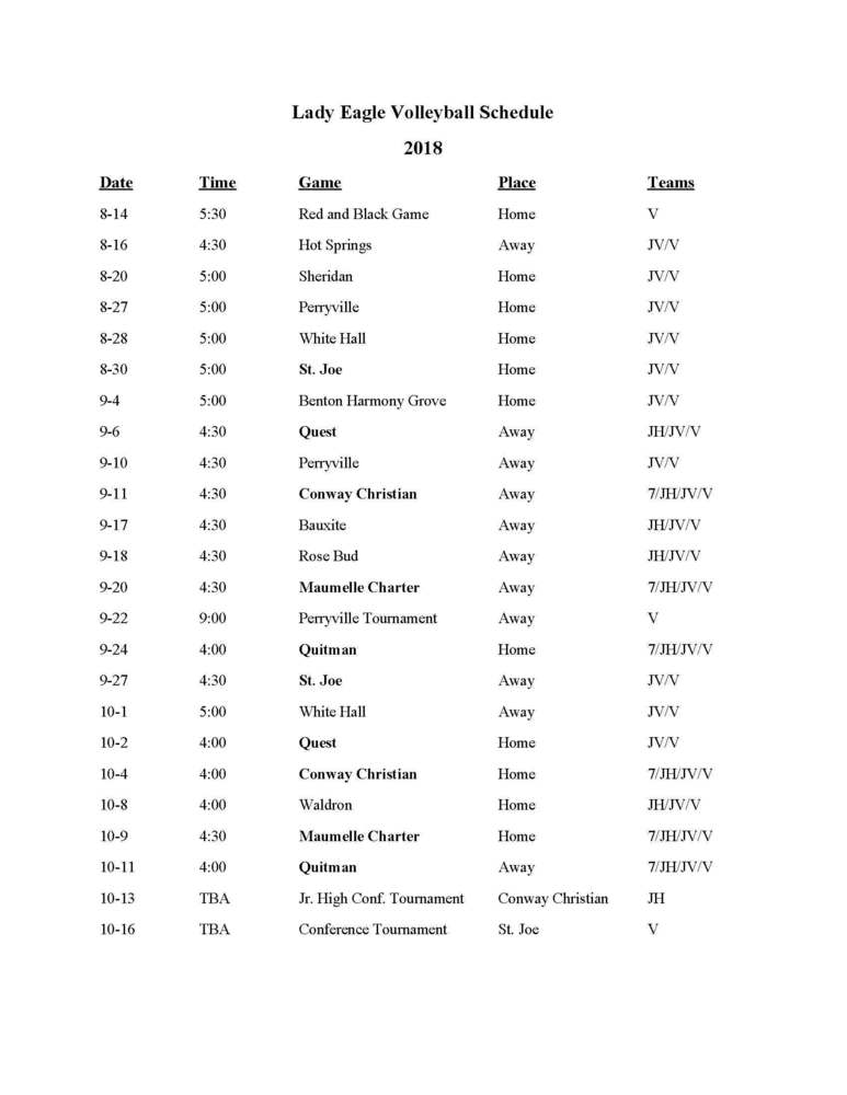 2018 Volleyball Schedule