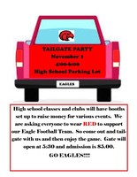 Join us for a Tailgate Party from 4:00 to 6:00 PM on Friday, November 1st. Pee Wee Football players and Pee Wee cheerleaders will be recognized at the tailgate.