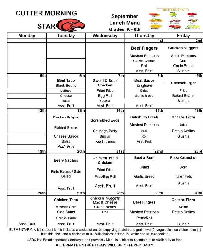 Breakfast/Lunch Menus | Cutter Morning Star Elementary School